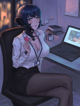 1girl au_ra black_skirt black_thighhighs blue_eyes blue_hair blush book breasts chair cleavage coffee_mug commission computer condom condom_wrapper crossed_legs cup dragon_horns eyebrows_hidden_by_hair final_fantasy final_fantasy_xiv holding holding_condom horn_ornament horn_ring horns id_card lanyard laptop large_breasts lips looking_at_viewer lsls mug office office_chair office_lady open_mouth shirt short_hair sitting skirt solo swivel_chair thighhighs warrior_of_light_(ff14) white_shirt