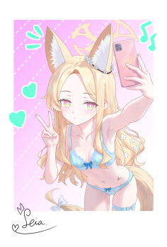 1girl animal_ear_fluff animal_ears armpits bare_arms bare_shoulders blue_archive blue_bra blue_panties blush bow bra breasts breasts_apart bright_pupils cellphone closed_mouth collarbone commentary cowboy_shot extra_ears flower_wreath forehead fox_ears fox_girl fox_tail gluteal_fold halo hand_up head_wreath heart highres holding holding_phone jpeg_artifacts leaning_forward loli long_hair multicolored_eyes musical_note navel notice_lines outstretched_arm panties parted_bangs phone pink_background pink_eyes rin_(rin0214tw) seia_(blue_archive) selfie sidelocks signature simple_background small_breasts smartphone solo tail tail_bow tail_ornament thigh_strap two-tone_eyes underwear underwear_only v very_long_hair wavy_hair white_bow white_pupils yellow_eyes yellow_halo