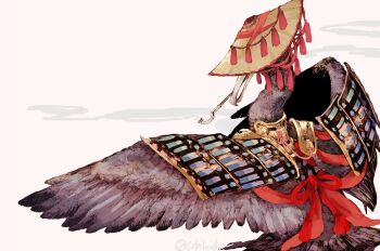 animal animal_focus armor beak bird clothed_animal commentary_request covered_eyes crane_(animal) feet_out_of_frame from_behind hat hat_over_eyes hat_tassel hatching_(texture) highres japanese_armor jingasa kiseru mouth_hold no_humans original shoulder_armor simple_background smoke smoking smoking_pipe sode solo spread_wings tassel tonbippo08 white_background wings