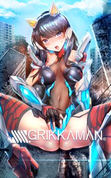 Rule 34 | 1girl, black hair, blue eyes, blush, boots, breasts, building, city, collarbone, day, denkou choujin gridman, denkou choujin gridman: boys invent great hero, destruction, elbow gloves, female focus, fingerless gloves, giant, giantess, gloves, gridman (character), gridman (ssss), gridman universe, headgear, high heels, highres, long hair, looking at viewer, mecha musume, medium breasts, midriff, nose blush, open mouth, outdoors, rubbing, sidelocks, silly (marinkomoe), size difference, solo, ssss.gridman, suggestive fluid, takarada rikka, thigh boots, thighhighs, thong