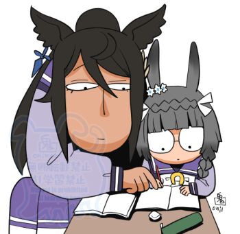 Rule 34 | 2girls, animal ears, black eyes, black hair, blunt bangs, book, closed mouth, commentary request, dark-skinned female, dark skin, grey hair, horse ears, horse girl, long hair, long sleeves, multiple girls, onikobe rin, pleated skirt, purple shirt, purple skirt, school uniform, shirt, simple background, skirt, symboli kris s (umamusume), table, tracen school uniform, umamusume, upper body, watermark, white background, winter uniform, zenno rob roy (umamusume)