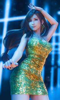 1girl 3d artist_name black_hair bracelet cosplay dancing dress earrings final_fantasy final_fantasy_vii final_fantasy_vii_rebirth final_fantasy_vii_remake gold_dress grand_theft_auto grand_theft_auto_vi highres jewelry light_smile long_hair looking_at_viewer low-tied_long_hair lucia_caminos lucia_caminos_(cosplay) nail_polish necklace red_eyes short_dress smile solo sreliata tifa_lockhart