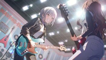 Rule 34 | 2girls, bass guitar, belt, black jacket, black pants, black shirt, blue pants, bracelet, breasts, brown hair, clenched teeth, colorful palette, facing another, fingernails, game cg, green eyes, grey hair, grin, guitar, highres, hinomori shiho, holding, holding bass guitar, holding instrument, indoors, instrument, jacket, jewelry, light blush, long hair, long sleeves, looking at another, multiple bracelets, multiple girls, official art, pants, path made by faith (project sekai), pink nails, project sekai, shirt, short hair, small breasts, smile, star (symbol), star bracelet, studio, suspender pants, sweat, teeth, third-party source, three-quarter sleeves, v-shaped eyebrows, white shirt