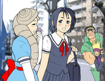 Rule 34 | 2boys, 2girls, aqua dress, blush, dress, drill hair, edge, elbow gloves, gloves, isurugi gan, justice gakuen, kazama akira, kirishima yurika, moero! justice gakuen, multiple boys, multiple girls, tears, tsukinowa kumatarou, twin drills, edge (justice gakuen)