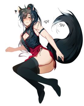 1boy absurdres afterimage ahoge alternate_costume animal_ears ass bare_shoulders black_dress black_hair black_shoes black_thighhighs blush brown_eyes china_dress chinese_clothes cleavage_cutout closed_mouth clothing_cutout crossdressing dress ear_wiggle earrings fox_boy fox_ears fox_tail full_body highres jewelry jujeop kemonomimi_mode korean_commentary korean_text long_hair looking_at_viewer lying male_focus modao_zushi multicolored_dress on_side panties pectoral_cleavage pectorals ponytail red_dress shoes side-tie_panties sidelocks simple_background sleeveless sleeveless_dress smile solo tail tail_wagging tangzhuang thighhighs thighs trap underwear wei_wuxian white_background