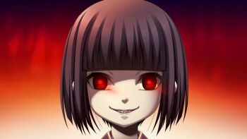 1girl black_hair creepy glowing_eyes grand_guignol_no_yoru looking_at_viewer red_eyes smile tinkerbell