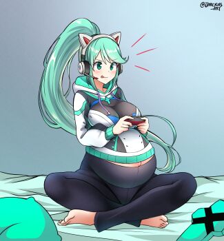 1girl :p absurdres animal_ear_headphones animal_ears barefoot black_pants blush breasts cat_ear_headphones cat_ears fake_animal_ears full_body green_eyes green_hair headphones headset highres indian_style indoors jarckius large_breasts long_hair long_sleeves midriff_peek notice_lines on_bed pants pillow playing_games pneuma_(xenoblade) pregnant sitting solo swept_bangs tongue tongue_out very_long_hair xenoblade_chronicles_(series) xenoblade_chronicles_2 yoga_pants