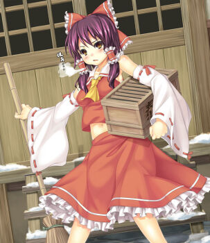 1girl ascot blush bow box breasts broom collared_shirt commentary_request crop_top detached_sleeves donation_box dutch_angle feet_out_of_frame frilled_bow frilled_hair_tubes frilled_skirt frills hair_bow hair_tubes hakurei_reimu holding holding_box holding_broom long_hair looking_at_viewer medium_breasts midriff navel open_mouth purple_hair red_bow red_shirt red_skirt ribbon-trimmed_sleeves ribbon_trim shirt shrine sidelocks skirt skirt_set sleeveless sleeveless_shirt snow solo standing tototo touhou white_sleeves yellow_ascot yellow_eyes