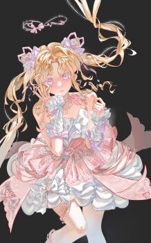 Rule 34 | 1girl, absurdres, anjizi42151, arm bow, arm warmers, bare shoulders, bead necklace, beads, black background, blonde hair, bow, bubble skirt, choker, circle skirt, closed mouth, colored eyelashes, cone hair bun, double bun, dreamtime bestowed (infinity nikki), dress, dress bow, eyes visible through hair, feet out of frame, floating clothes, floating hair, frilled arm warmers, frills, hair bow, hair bun, hair ornament, hair ribbon, halo, hand on own cheek, hand on own face, happy, heart, heart hair ornament, highres, infinity nikki, jewelry, knee up, knees, lace-trimmed choker, lace trim, layered dress, leg ribbon, light blush, light rays, lipstick, long hair, long sidelocks, looking at viewer, makeup, neck ribbon, necklace, nikki (series), parted bangs, pink bow, pink dress, pink halo, pink lips, pink ribbon, purple eyes, ribbon, ribbon earrings, ringlets, short dress, sidelocks, simple background, skirt, sleeveless, sleeveless dress, smile, solo, spaghetti strap, sunlight, twintails, very long hair, wavy hair, white arm warmers, white choker, white dress, wrist bow