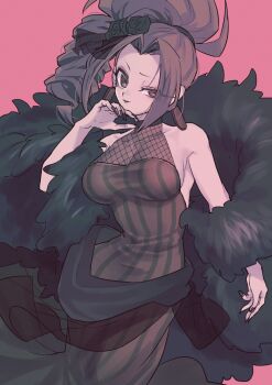 black_nails breasts brown_eyes brown_hair choker cleavage dress drill_hair earrings eyelashes eyeshadow flower fur_trim hair_flower hair_ornament hairband half-closed_eyes highres jewelry kai_(sengoku_musou) large_breasts lips long_eyelashes long_hair long_nails makeup nail_polish parted_bangs ponytail sash sengoku_musou side_ponytail sideboob smile striped_clothes