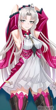 1girl absurdres ahoge aqua_eyes armpits arms_behind_head arms_up boots breasts carlotta_(wuthering_waves) closed_mouth commentary cowboy_shot den_kun69 dress english_commentary grey_hair hairband highres jacket long_hair looking_at_viewer medium_breasts parted_bangs pink_hairband pink_jacket pink_thighhighs simple_background smile solo thighhighs thighhighs_under_boots thighs twitter_username very_long_hair white_background white_dress wuthering_waves