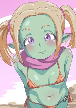 1girl bikini blush colored_skin dragon_ball dragon_ball_(classic) green_skin hatafuta highres loli looking_at_viewer micro_bikini navel orange_bikini pansy_(dragon_ball) pointy_ears purple_eyes scarf smile solo swimsuit twintails