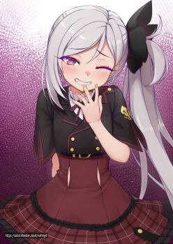 Rule 34 | 1girl, black bow, black jacket, blue archive, blush, bow, buttons, cowboy shot, double-breasted, frilled skirt, frills, gradient background, grey hair, grin, hair bow, hair ornament, hand up, high-waist skirt, highres, jacket, long hair, looking at viewer, mutsuki (blue archive), neck ribbon, one eye closed, pink background, plaid clothes, plaid skirt, red eyes, red skirt, ribbon, short sleeves, side ponytail, skirt, smile, solo, teeth, vahn yourdoom, white background, wide sleeves