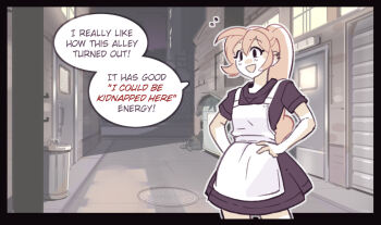 1girl alley apron artist_self-insert black_eyes black_shirt black_skirt door earrings english_text hand_on_own_hip heartgear high_ponytail jewelry long_hair manhole_cover night open_mouth orange_hair original outdoors ponytail shirt short_sleeves skirt solo speech_bubble trash_can white_apron