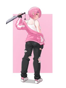 1girl alternate_costume ass black_gloves black_pants breasts closed_mouth commentary english_commentary fingerless_gloves from_behind full_body gloves hair_ornament highres holding holding_knife holding_weapon jacket knife looking_at_viewer looking_back miarin141 off_shoulder pants pink_background pink_hair pink_jacket ram_(re:zero) re:zero_kara_hajimeru_isekai_seikatsu red_eyes shoes short_hair simple_background smile sneakers solo standing tank_top torn_clothes torn_pants weapon white_tank_top x_hair_ornament