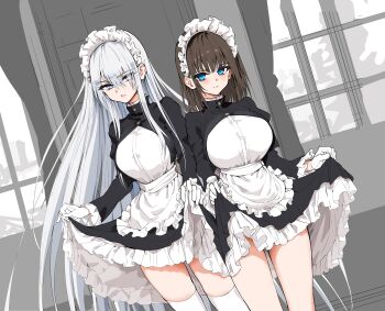 Rule 34 | 2girls, absurdres, apron, black skirt, blue eyes, blush, breasts, brown hair, character request, closed mouth, clothes lift, dot nose, female focus, gloves, grey eyes, grey hair, highres, juliet sleeves, kneehighs, kyokucho, large breasts, layered skirt, legs, long hair, long sleeves, looking at viewer, maid apron, maid headdress, maid kyouiku botsuraku kizoku rurikawa tsubaki, medium breasts, medium hair, medium skirt, multiple girls, official art, puffy sleeves, rurikawa tsubaki, shirt, shirt tucked in, skirt, skirt lift, socks, teeth, thighhighs, thighs, very long hair, white apron, white gloves, white headdress, white shirt, white thighhighs, zettai ryouiki