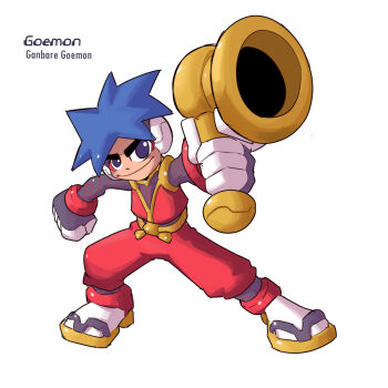 Rule 34 | 1boy, 2000s (style), android, blue eyes, blue hair, bodystocking, character name, commentary, copyright name, english commentary, facepaint, fishnet bodystocking, fishnet sleeves, fishnets, full body, ganbare goemon, goemon, highres, japanese clothes, karakatodzo, looking at viewer, mechanization, mega man (series), mega man zero (series), nakayama tooru (style), outstretched arm, parody, robot, sandals, simple background, smile, spiked hair, standing, style parody, weapon, white background, zouri