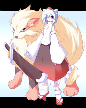 Rule 34 | 1girl, animal ears, arcanine, crossover, detached sleeves, gen 1 pokemon, geta, hat, inubashiri momiji, miyo (miyomiyo01), nintendo, poke ball, pokemon, pokemon (creature), red eyes, shoes, sword, tengu-geta, tokin hat, touhou, weapon, white hair, wolf ears