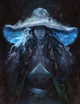 1girl aqua_eyes black_hair blue_skin cateille cloak colored_skin commentary dress elden_ring extra_arms fur_cloak glowing glowing_eyes hat highres long_hair looking_at_viewer one_eye_closed own_hands_together ranni_the_witch sitting solo steepled_fingers white_dress white_hat wide_brim witch_hat