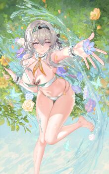 1girl armpits atdan bare_legs barefoot bikini blue_nails butterfly_hair_ornament collarbone detached_collar firefly_(honkai:_star_rail) flower grey_hair hair_ornament hairband honkai:_star_rail honkai_(series) leaning_forward leg_up legs_together looking_at_viewer multicolored_eyes navel neck_ribbon necktie o-ring o-ring_bikini purple_flower purple_rose ribbon rose solo string_bikini swimsuit variant_set water wet white_bikini wrist_cuffs yellow_flower yellow_rose