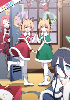 Rule 34 | absurdres, aris (blue archive), black hair, black pantyhose, blonde hair, blue archive, blue eyes, blue halo, boots, closed eyes, commentary request, green eyes, green halo, hagoonha, hair between eyes, halo, highres, korean commentary, long hair between eyes, midori (blue archive), momoi (blue archive), official art, one eye closed, orange halo, pantyhose, peroro (blue archive), pink eyes, pink halo, red hair, santa costume, white boots, white pantyhose, yuzu (blue archive)