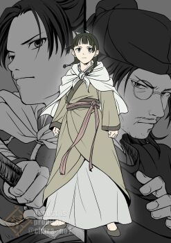 Rule 34 | 1girl, 2boys, beads, black hat, blue eyes, blue ribbon, blunt bangs, chara no7, chinese commentary, cloak, facial hair, father and daughter, flats, full body, furrowed brow, green hair, green robe, hair beads, hair ornament, hair ribbon, hat, highres, holding, holding sword, holding weapon, jinshi (kusuriya no hitorigoto), kusuriya no hitorigoto, lakan (kusuriya no hitorigoto), light frown, long hair, maomao (kusuriya no hitorigoto), monocle, multiple boys, mustache, parted bangs, ribbon, robe, sidelocks, stubble, sword, twitter username, upper body, weapon, white cloak