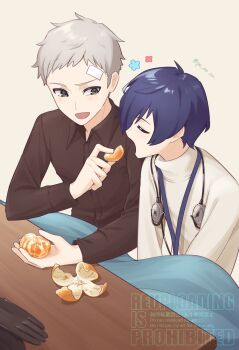 2boys absurdres bandaid bandaid_on_face bandaid_on_forehead black_shirt blue_hair closed_eyes collared_shirt commentary_request earphones_removed feeding food fruit gloves grey_hair highres holding holding_food holding_fruit light_blush long_sleeves looking_at_another male_focus multiple_boys open_mouth orange_(fruit) persona persona_3 po_su_su sanada_akihiko shirt short_hair simple_background sitting sweater turtleneck turtleneck_sweater twitter_username unworn_gloves upper_body watermark white_sweater yuuki_makoto_(persona_3)