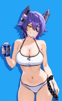 1girl 4ddd absurdres bikini blue_background breasts can checkered_necktie cleavage commission drink_can eyepatch grin headgear highres kantai_collection large_breasts necktie pixiv_commission purple_hair short_hair simple_background smile solo standing swimsuit tenryuu_(kancolle) tenryuu_(swimsuit)_(kancolle) tenryuu_kai_ni_(kancolle) unworn_necktie white_bikini yellow_eyes