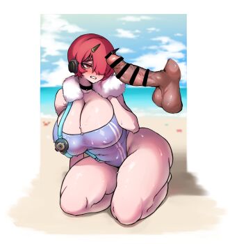 1girl absurdres ass bar_censor beach bell black_choker black_horns blue_one-piece_swimsuit blush breasts censored choker cleavage closed_mouth collarbone covered_erect_nipples disembodied_penis erection facial_mark ginseng_(xin) hair_over_one_eye highres horns huge_breasts ignis_(last_origin) last_origin long_bangs looking_at_penis neck_bell one-piece_swimsuit one_eye_covered open_mouth penis pink_lips seiza short_hair sitting solo swimsuit testicles thighs towel towel_around_neck variant_set wet