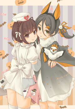 2girls absurdres animal_ears bat_ears bat_wings bird black_cape black_hair brown_eyes cape dress fake_wings feet_out_of_frame gradient_cap hair_between_eyes halloween_costume hat highres inagi_(halloween)_(kancolle) inagi_(kancolle) inagi_kai_ni_(kancolle) kantai_collection loose_hair_strand low_twintails multiple_girls nurse_cap patchwork_clothes pot-de seagull short_hair short_hair_with_long_locks smile striped_background twintails ukuru_(halloween)_(kancolle) ukuru_(kancolle) white_dress wings