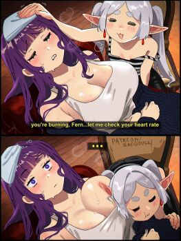 2girls artist_name blunt_bangs blush breasts cloth earrings elf english_text fern_(sousou_no_frieren) floating_earrings frieren head_on_chest highres jewelry large_breasts multiple_girls patreon_username pointy_ears purple_eyes purple_hair purple_pupils short_eyebrows snegovski sousou_no_frieren sweat tank_top teardrop_earrings thick_eyebrows under_covers visible_air white_tank_top yuri