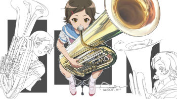 1girl :d blue_sailor_collar brown_hair dated dot_nose from_above from_side full_body fumi-a hair_ornament hairclip hibike!_euphonium holding holding_instrument instrument katou_hazuki kitauji_high_school_uniform light_blush looking_ahead looking_at_viewer multiple_views music open_mouth pink_shoes playing_instrument sailor_collar school_uniform shirt shoes short_hair short_sleeves signature sitting smile socks solo spread_legs straight_hair swept_bangs tuba white_shirt white_socks yellow_eyes