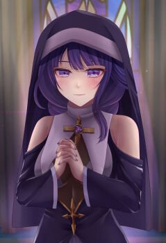 1girl alternate_costume alternate_universe armpit_crease bare_shoulders blunt_bangs blurry blurry_background blush braid closed_mouth cross cross_pendant detached_sleeves genshin_impact gradient_hair highres holding_own_hand indoors jewelry light_particles light_smile long_braid long_hair long_sleeves looking_at_viewer mitsudomoe_(shape) mole mole_under_eye multicolored_eyes multicolored_hair nun pendant praying purple_eyes purple_hair purple_nails raiden_shogun shade shy single_braid solo standing streaked_hair tomoe_(symbol) upper_body veil wide_sleeves zephylyne