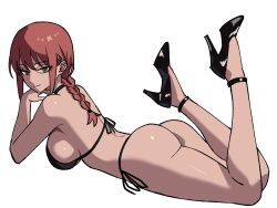 Rule 34 | 1girl, ass, bikini, black footwear, breasts, chainsaw man, high heels, highres, legs up, light smile, looking at viewer, lying, makima (chainsaw man), ponytail, red hair, ringed eyes, short hair, swimsuit, yellow eyes, zeon (zzeeonn)