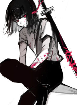 Rule 34 | 1girl, absurdres, bandaged arm, bandages, black hair, black pants, black shoes, blood, blood on arm, blood on face, chuhaibane, collared shirt, highres, limbus company, medium hair, pants, project moon, red eyes, ryoshu (project moon), shirt, shoes, sitting, solo, spot color, sword, weapon, white background, white shirt