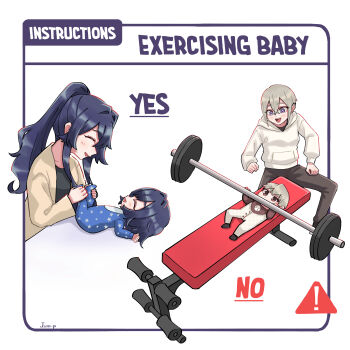! 4girls :d ^_^ absurdres aged_up artist_name baby baby_instructions_101_(meme) barbell baseball_print bench_press black_hair closed_eyes commentary english_commentary english_text exercising grey_hair hair_between_eyes hair_intakes highres hood hoodie jjum_pp kimi_no_koto_ga_dai_dai_dai_dai_daisuki_na_100-nin_no_kanojo long_hair meme mother_and_daughter multiple_girls open_mouth ponytail purple_eyes short_hair simple_background smile star_(symbol) star_print sutou_iku weight_bench white_background white_hoodie yoshimoto_shizuka