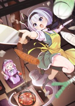 2girls alternate_color apron artist_name ascot black_ascot black_hairband black_ribbon black_socks bowl carrot chef_hat chopsticks closed_mouth clothes_writing collared_shirt commentary_request cooking cooking_pot cushion cutting dual_wielding food frilled_kimono frilled_skirt frills futa_(nabezoko) green_vest grey_eyes grey_hair hairband hat highres hitodama holding holding_bowl holding_chopsticks holding_knife holding_ladle indoors japanese_clothes kimono kneehighs knife konpaku_youmu konpaku_youmu_(ghost) ladle mob_cap multiple_girls mushroom neck_ribbon open_mouth pink_hair puffy_short_sleeves puffy_sleeves purple_hat purple_kimono ribbon saigyouji_yuyuko seiza shirt short_sleeves sitting skirt skirt_set smile socks spring_onion steam stew tatami touhou triangular_headpiece vest watermark white_shirt yellow_apron zabuton