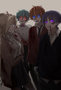 1girl 3boys alternate_costume arm_at_side belt belt_buckle black_belt black_pants black_skirt black_sleeves blonde_hair blood blood_on_clothes blood_on_face blood_on_hands blouse blue_eyes blunt_ends bow bowtie breast_pocket brown_jacket brown_sleeves buckle casual collared_shirt commentary contemporary crossed_bangs curtained_hair dottore_(genshin_impact) dottore_(manga)_(genshin_impact) earrings english_commentary eyeliner eyeshadow genshin_impact glowing glowing_eyes gold_buckle grey_necktie grey_pantyhose grey_sweater grin hair_between_eyes hand_in_pocket hand_on_own_chin hand_on_own_hip hand_up highres jacket jewelry long_hair long_sidelocks long_sleeves looking_at_viewer makeup multiple_boys necktie open_clothes open_jacket orange_hair oriana0w0 pants pantyhose parted_lips pleated_skirt pocket purple_bow purple_bowtie purple_eyes red_eyeliner red_eyes red_eyeshadow red_sleeves red_sweater scaramouche_(genshin_impact) school_uniform sharp_teeth shirt sidelocks signora_(genshin_impact) single_hair_intake skirt smile smirk sweater tartaglia_(genshin_impact) teeth tongue upper_teeth_only variant_set very_long_hair white_background white_eyes white_mouth white_shirt wispy_bangs