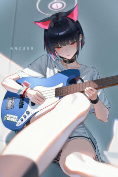 1girl absurdres animal_ears black_choker black_hair black_mask blue_archive blush cat_ears cat_girl character_name choker collarbone colored_inner_hair dong_(art_woodong) guitar halo highres holding holding_guitar holding_instrument instrument kazusa_(band)_(blue_archive) kazusa_(blue_archive) mask mask_pull mouth_mask multicolored_hair music official_alternate_costume parted_lips pink_hair pink_halo playing_instrument red_eyes shirt short_hair short_sleeves sitting skirt solo two-tone_hair white_shirt white_skirt wristband