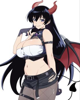 1girl arato_nagi belt black_belt black_hair black_shorts breasts commentary_request cowboy_shot demon_horns demon_tail demon_wings fake_horns fake_tail fake_wings fishnet_pantyhose fishnets highres horns large_breasts long_hair looking_at_viewer navel official_alternate_costume pantyhose ruri_no_houseki short_shorts shorts solo standing steelhead0617 tail torn_clothes torn_shorts very_long_hair white_background wings