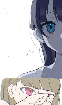 Rule 34 | 2girls, blue eyes, blue hair, brown hair, chromatic aberration, commentary request, half updo, highres, kachimachi kosuzu, link! like! love live!, love live!, multiple girls, murano sayaka, pink eyes, shirt, simple background, sweat, syoma (1026syoma), thumbnail collage, v-shaped eyebrows, very sweaty, virtual youtuber, white background, white shirt