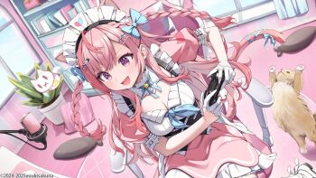 1girl :d animal_ears blue_bow bow braid breasts cat cat_ears cat_girl chair cleavage controller dress game_controller gloves half_gloves highres holding holding_controller holding_game_controller indie_virtual_youtuber indoors large_breasts long_hair maid maid_headdress official_art on_chair open_mouth pink_dress pink_eyes pink_hair purple_eyes shoes short_sleeves sitting smile solo virtual_youtuber white_gloves white_shoes yuuki_hagure yuuki_sakuna yuuki_sakuna_(3rd_costume)