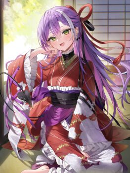 1girl :d absurdres alternate_costume barefoot bow bow_earrings colored_inner_hair commentary_request day demon_girl demon_tail earclip earrings floral_print floral_print_kimono frilled_kimono frills gradient_hair green_eyes hair_between_eyes highres hololive indoors japanese_clothes jewelry kimono long_hair long_sleeves looking_at_viewer multicolored_hair open_mouth piercing pink_hair pointy_ears print_kimono purple_hair red_kimono runlan_0329 sitting smile solo streaked_hair tail tail_ornament tail_piercing tokoyami_towa virtual_youtuber white_hair wide_sleeves yokozuwari