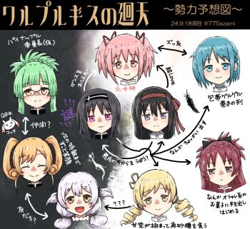 6+girls 775azami akemi_homura arrow_(symbol) black_feathers black_hair blonde_hair blue_hair character_chart chart closed_eyes diagram drill_hair feathers glasses hairband head_only kaname_madoka kyubey lizard magia_record:_mahou_shoujo_madoka_magica_gaiden mahou_shoujo_madoka_magica mahou_shoujo_madoka_magica:_walpurgis_no_kaiten miki_sayaka momoe_nagisa multiple_girls pink_hair red_hair relationship_graph sakura_kyoko short_twintails tomoe_mami translated twin_drills twintails