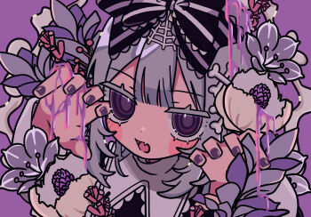 Rule 34 | 1girl, black bow, bone hair ornament, bow, commentary request, flower, goth fashion, grey hair, hair bow, hair ornament, hands up, highres, jitome, looking at viewer, nail polish, open mouth, original, purple eyes, solo, spider web hair ornament, striped bow, teira (ooxoo), thick eyelashes