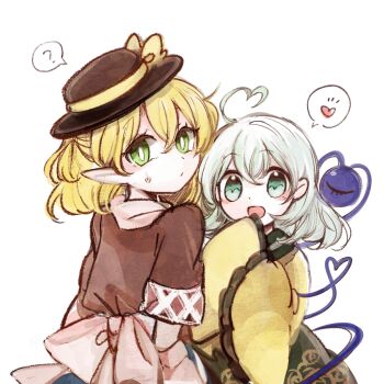 2girls ahoge back_bow black_hat blonde_hair bow brown_shirt closed_mouth commentary_request expressionless frilled_sleeves frills green_eyes green_skirt grey_hair half_updo hat hat_bow heart heart_ahoge heart_of_string komeiji_koishi long_sleeves looking_at_viewer mizuhashi_parsee multiple_girls open_mouth pointy_ears shirt short_hair short_sleeves simple_background skirt smile tama_(hiroshige_36) third_eye touhou upper_body white_background white_bow yellow_bow yellow_shirt