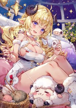 1girl ahoge alternate_costume animal_ears basket blonde_hair blue_eyes blush bow bow_legwear braid breasts cleavage cleavage_cutout clothing_cutout collarbone couch creature double-parted_bangs dress dress_bow fur-trimmed_dress fur-trimmed_leg_warmers fur_collar fur_trim hairclip half_up_half_down_braid hanging_light hieihirai highres holding holding_string holding_yarn hololive horns knees_up knitting_needle lace lace-trimmed_skirt lace_trim large_breasts layered_skirt leg_warmers long_hair looking_at_viewer low_twintails needle night night_sky off-shoulder_dress off_shoulder on_couch parallel_hairclips pillow plant see-through_clothes see-through_dress sheep sheep_ears sheep_girl sheep_horns short_dress sideboob sidelocks sitting skirt sky smile solo spool star_(symbol) string tsunomaki_watame twintails underbust vertical-striped_leg_warmers virtual_youtuber watamate white_dress white_leg_warmers wrist_bow yarn yarn_ball