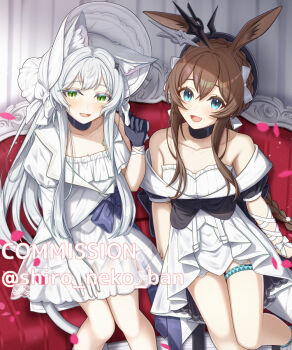 2girls amiya_(arknights) animal_ears arknights artist_name bare_shoulders blue_eyes blush bonnet braid brown_hair couch dress gloves green_eyes hat kal'tsit_(arknights) multiple_girls on_couch open_mouth shironekoban sitting skirt smile tail