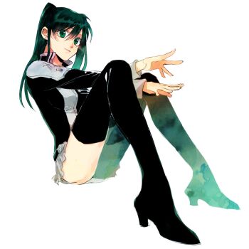 1girl belt black_boots black_jacket black_order_uniform boots breasts collared_jacket d.gray-man earrings frilled_skirt frills green_eyes green_hair hair_between_eyes high_heel_boots high_heels highres jacket jewelry koshian_(mruc9) legs lenalee_lee light_smile lips long_hair looking_at_viewer medium_breasts miniskirt outstretched_arms sidelocks simple_background sitting skirt solo striped_clothes striped_jacket stud_earrings thigh_boots thighhighs thighs twintails vertical-striped_clothes vertical-striped_jacket white_background white_skirt zettai_ryouiki