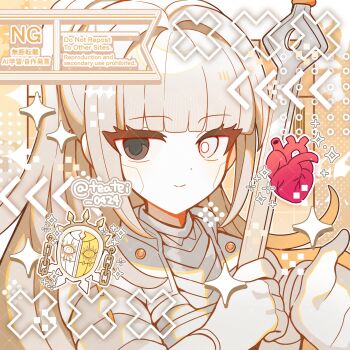 1girl albina_(project_moon) black_eyes blunt_bangs closed_mouth commentary_request gloves grey_hair grey_shirt hair_intakes heart_(organ) heterochromia highres holding holding_sword holding_weapon limbus_company long_hair looking_at_viewer portrait project_moon shirocha_tei shirt smile solo sword twitter_username watermark weapon white_eyes white_gloves